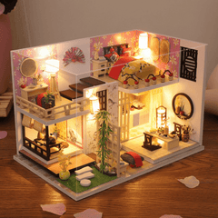 Wooden Japan Style Bamboo Maple House DIY Handmade Assembly Doll House Miniature Furniture Kit with LED Light Toy for Kids Birthday Gift Home Decoration