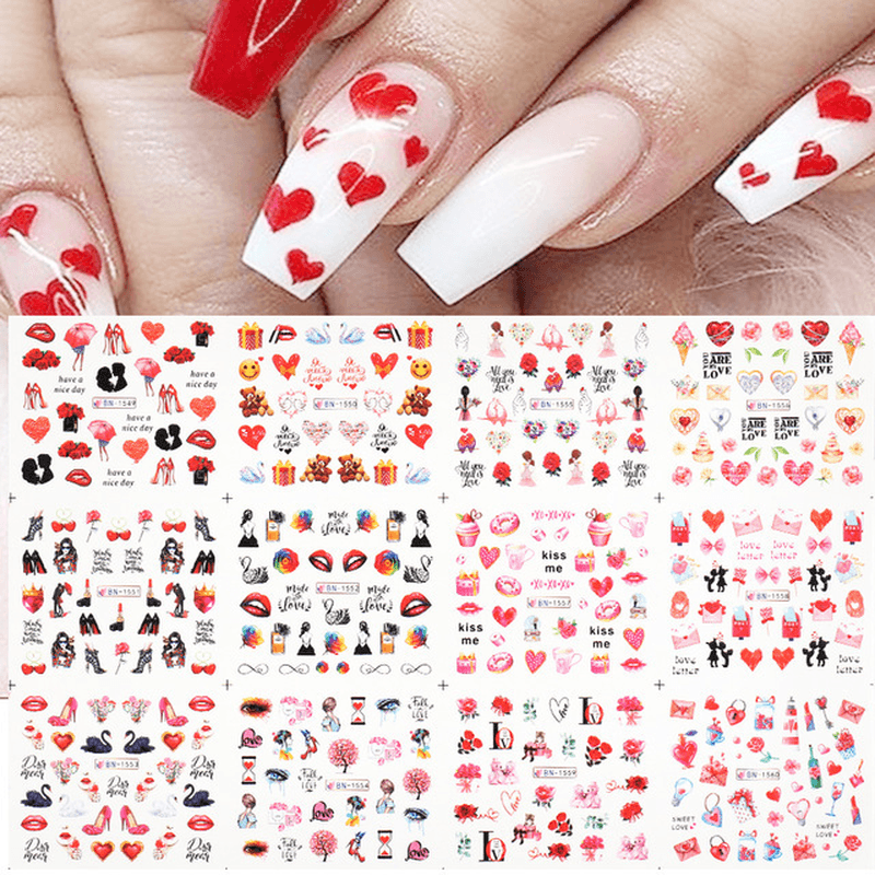 12 Pcs Nail Art Stickers Love Letter Flower Sliders Nail Art Decoration Valentine'S Day Transfer Stickers