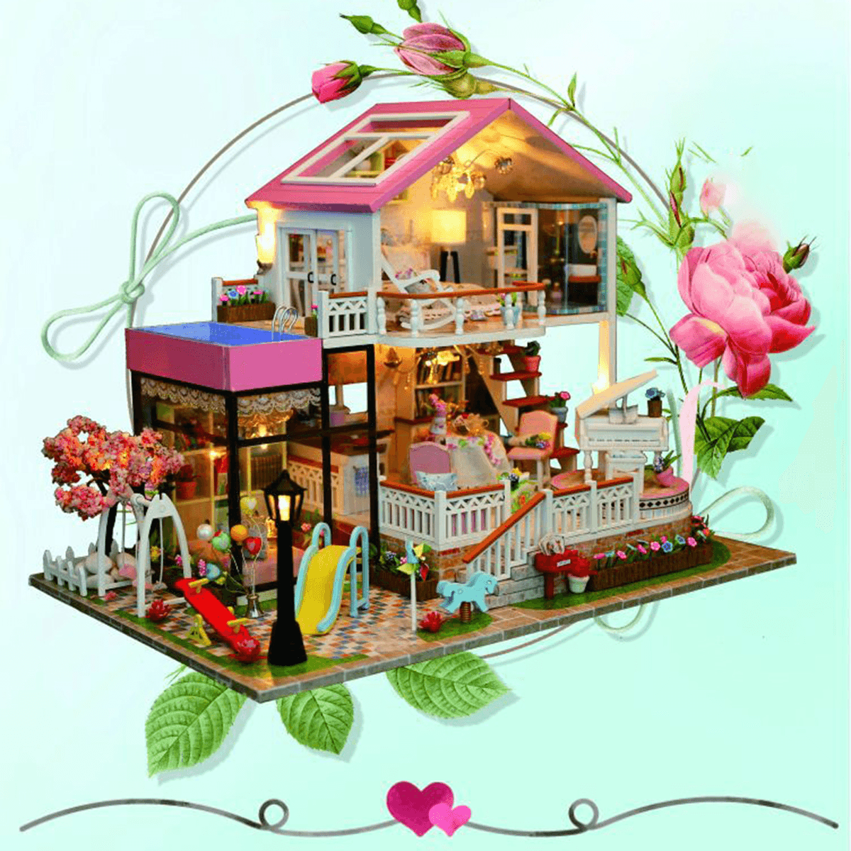 Hongda DIY Cabin Hand-Assembled Doll House with LED Light Home Decor Model Toys