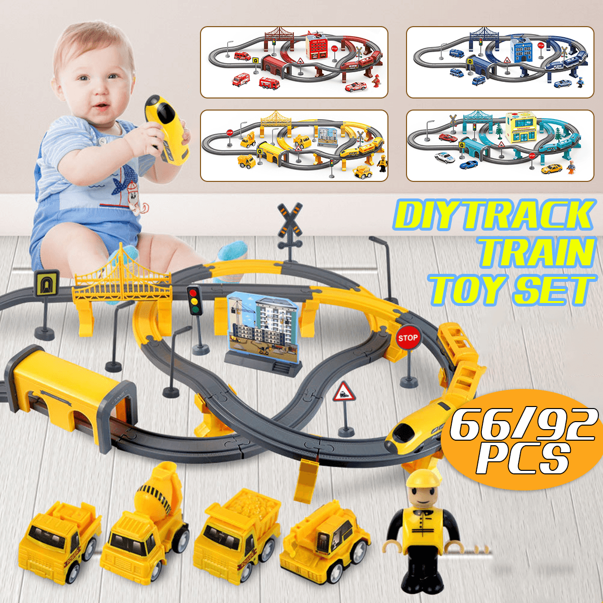 66/92 Pcs Multi-Style DIY Assembly Track Train Increase Parent-Child Interaction Toy Set with Sound Effect for Kids Gift