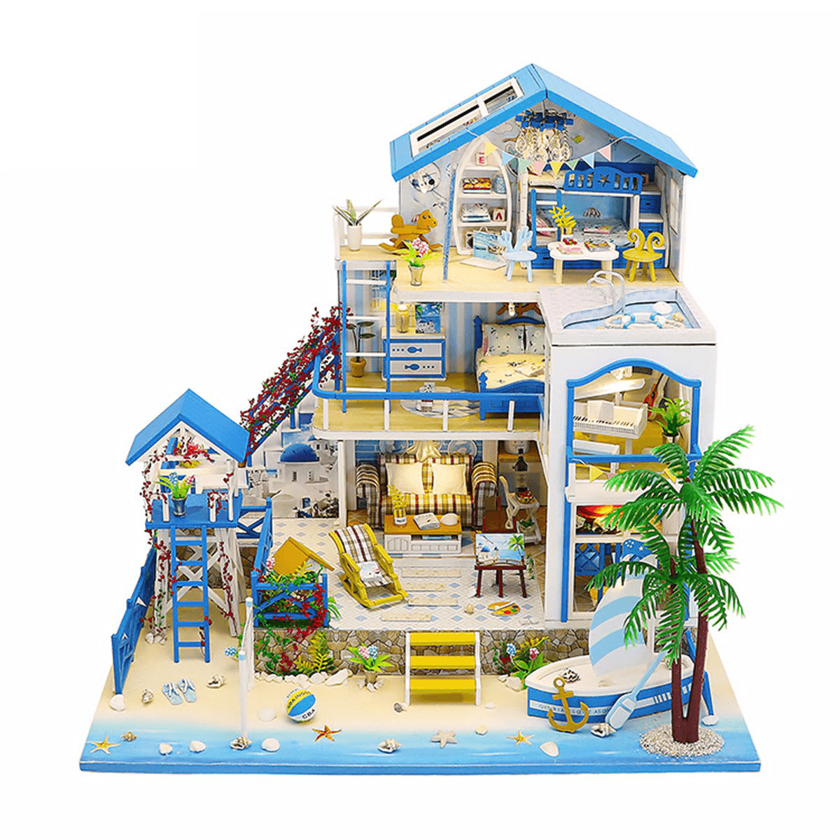 Wooden DIY Beach Villa Doll House Miniature Kit Handmade Assemble Toy with LED Light for Birthday Gift Collection Home Decor