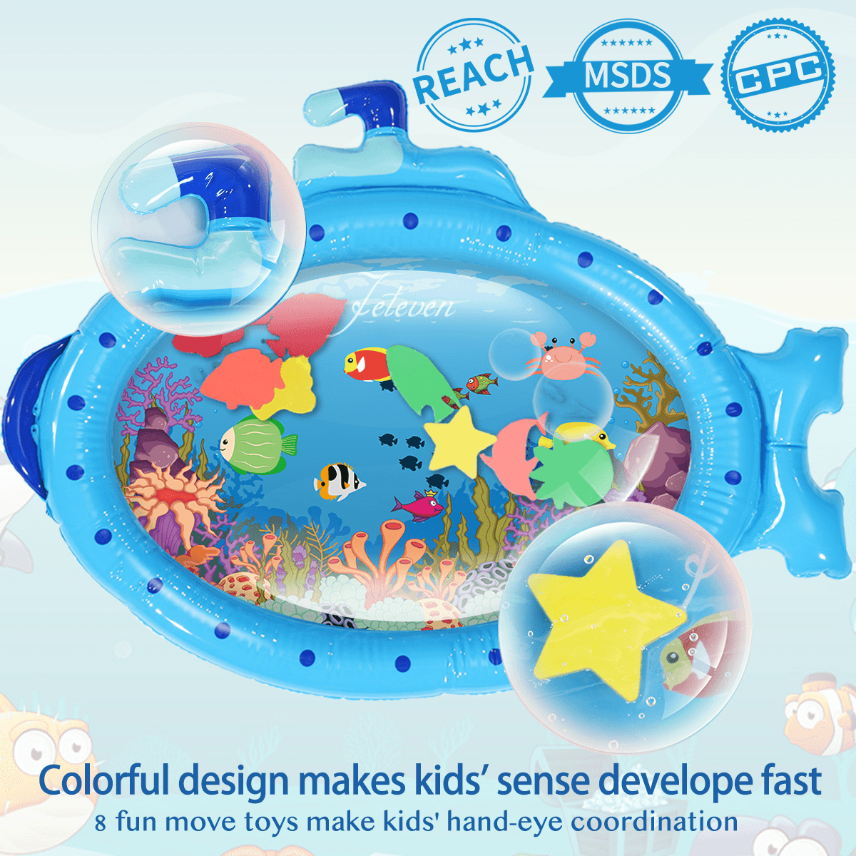 Blue Sprinkler Play Mat with Cartoon Submarine Pattern for Kids Filling Fun Water Cushion Baby Toys Summer Play