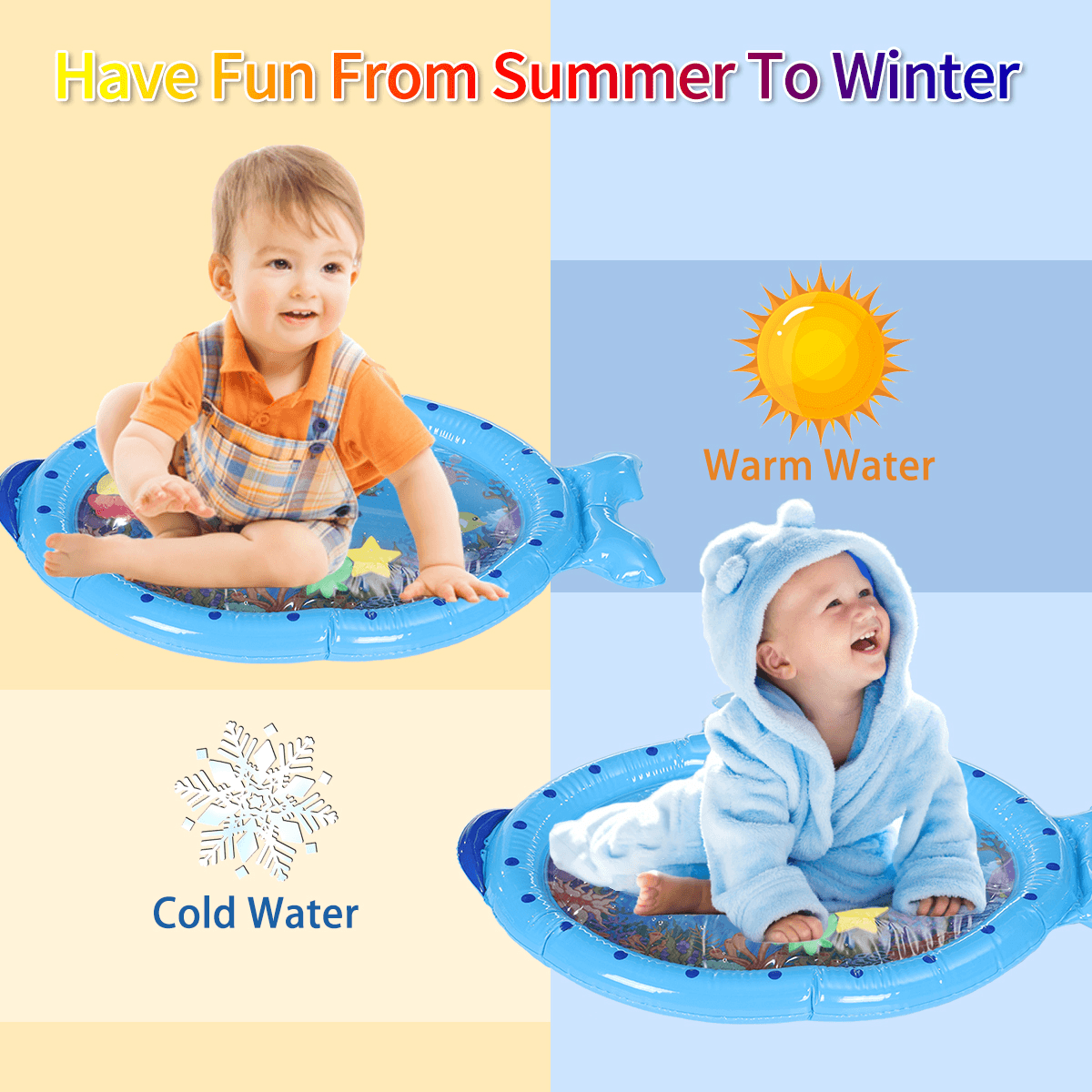 Blue Sprinkler Play Mat with Cartoon Submarine Pattern for Kids Filling Fun Water Cushion Baby Toys Summer Play