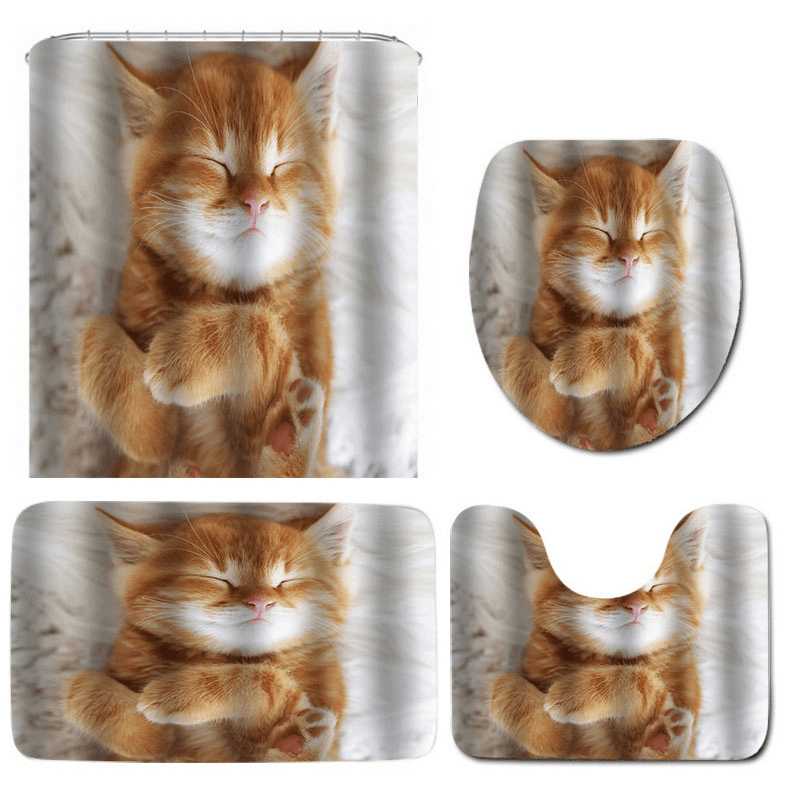 Cat Printing Waterproof Bathroom Shower Curtain Toilet Cover Mat Set