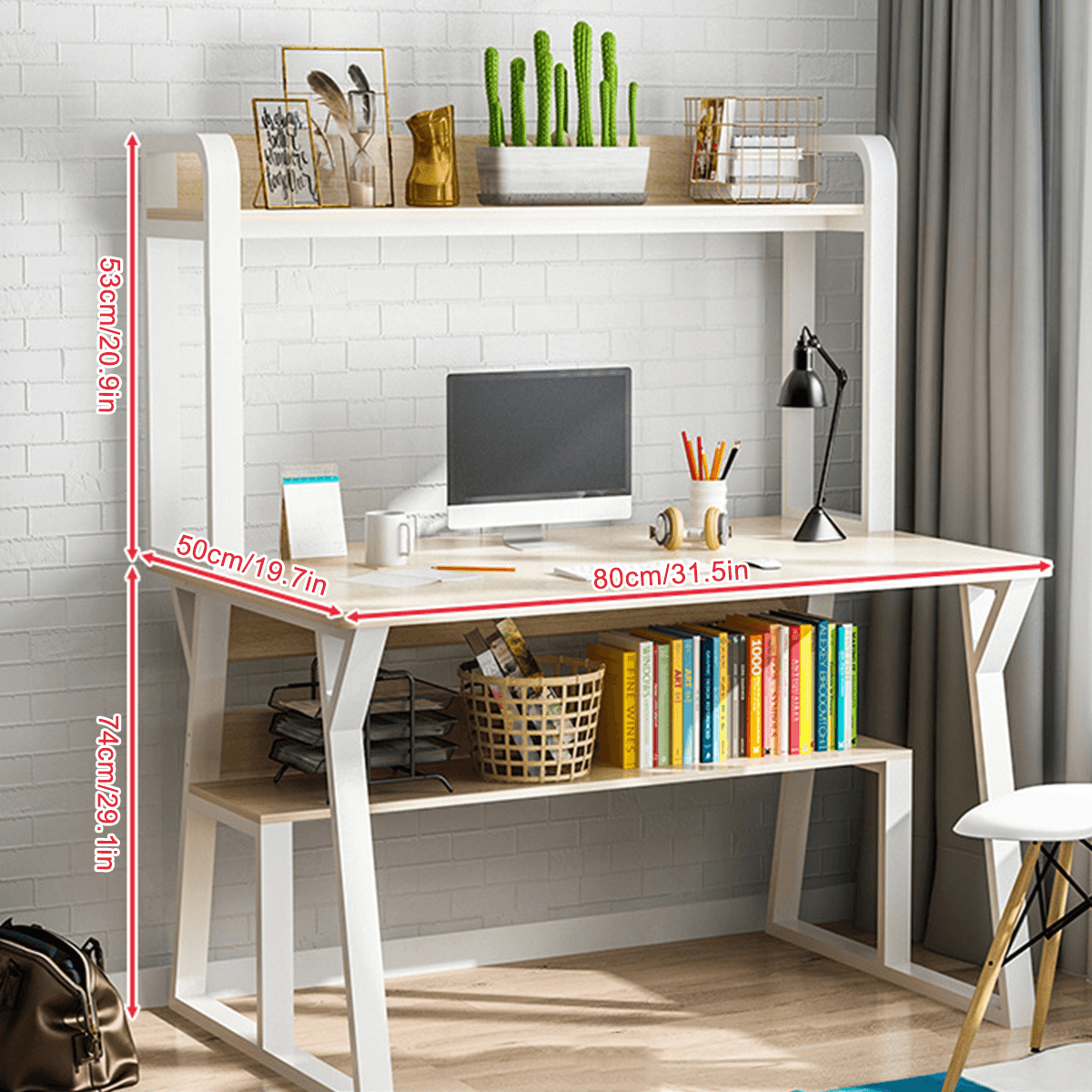 1/2 Tiers Computer Desk Bookshelf Modern Writing Study Desk with Storage Shelf Space Saving Desktop Organizer Workstation for Home Office