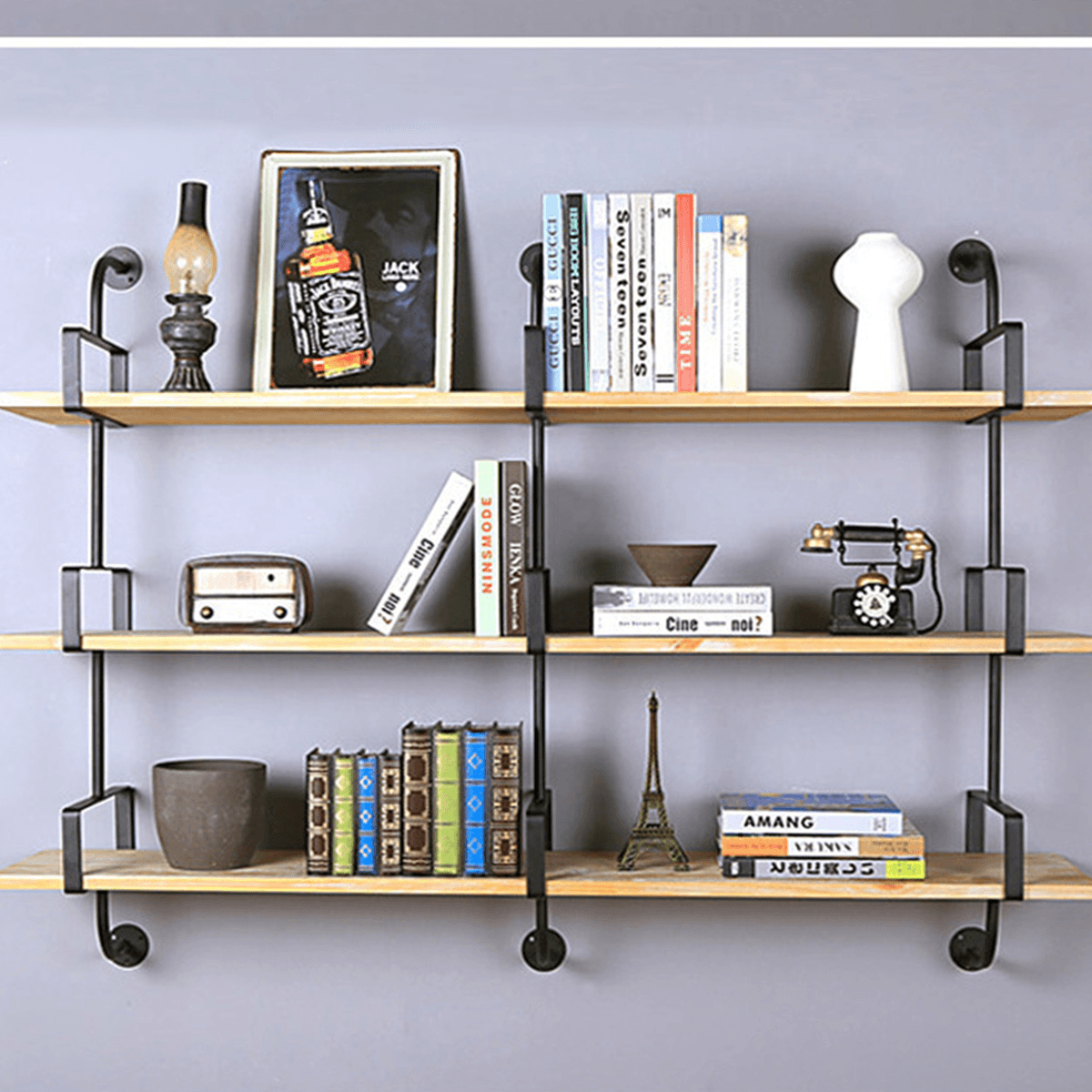 2Pcs Wall Mounted Shelf Industrial Retro Bookshelf DIY Storage Shelves Bracket 3 Layers Iron Pipe Shelf for Home Decor Kitchen Kids Rooms