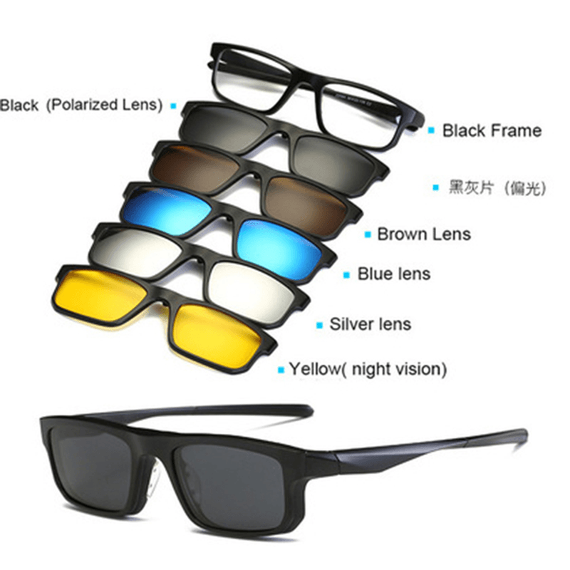 5 in 1 TR-90 Polarized Magnetic Glasses Clip on Magnetic Lens Sunglasses Uv-Proof Night Vision with Leather Bag