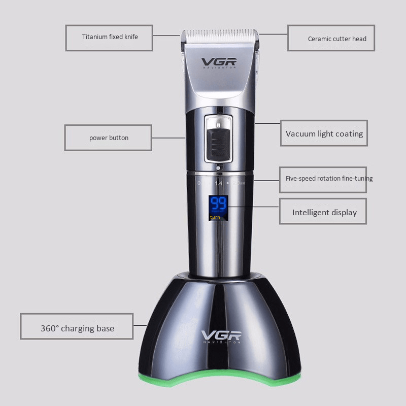 VGR Electric Clipper Ceramic Cutter Head Lcd Rechargeable Adult Children Hair Clipper High Power Fader with Charge EU Plug V-002