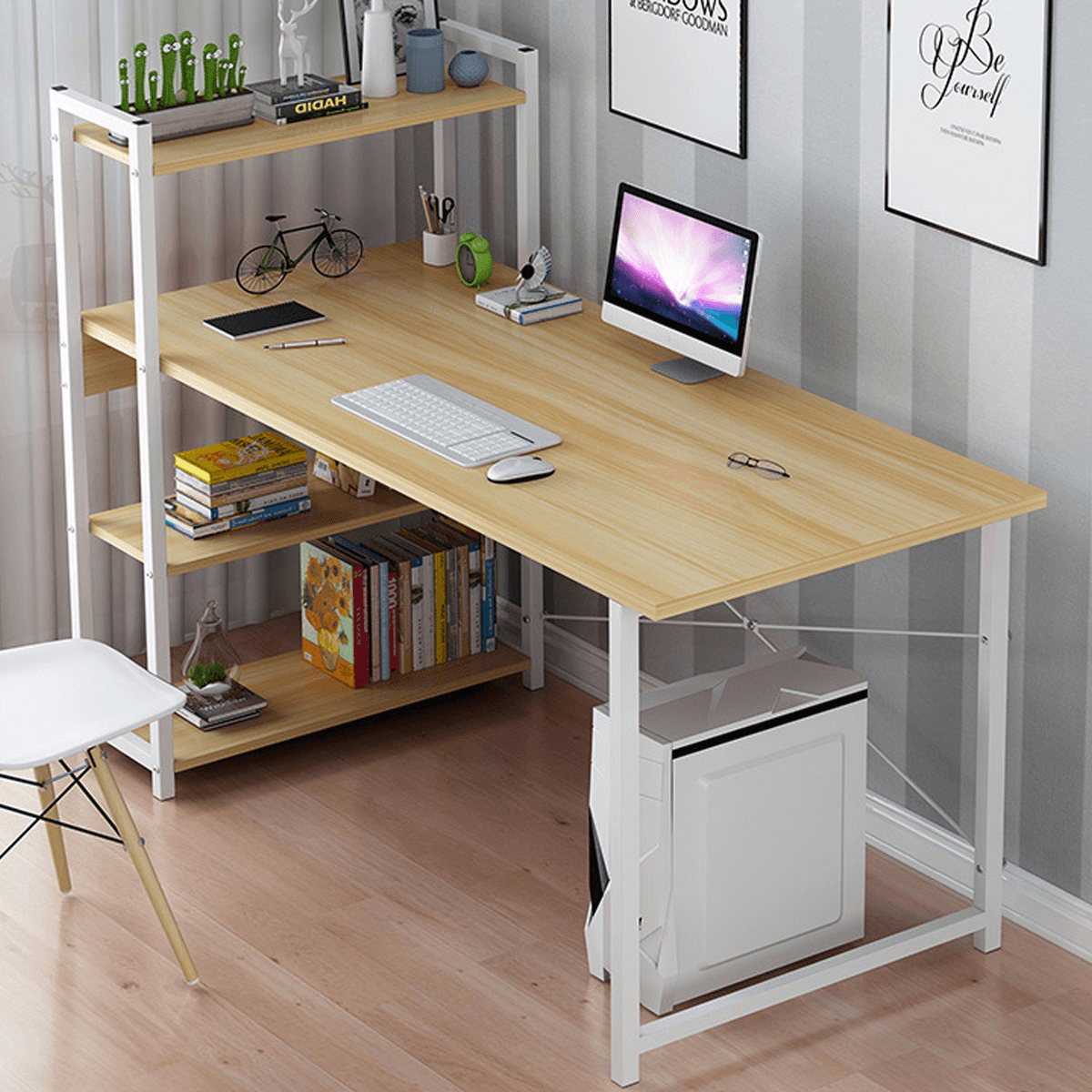 Computer Laptop Desk Writing Study Table Bookshelf Storage Rack Desktop Workstation with Storage Shelves Home Office Furniture