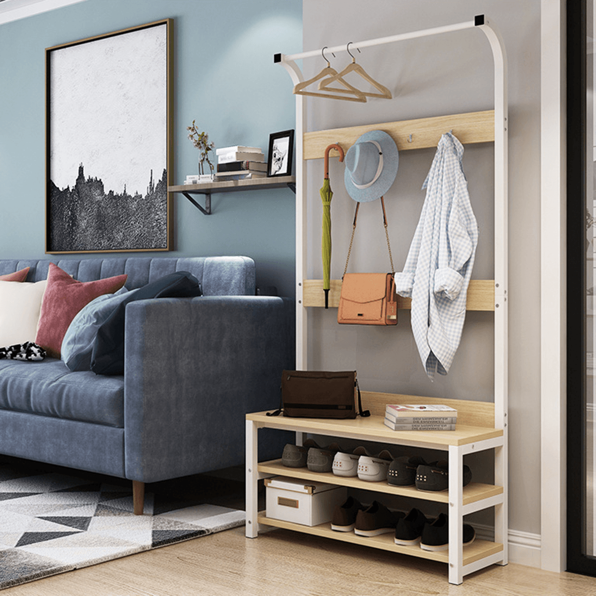 Coat Hangers Standing Coat Rack Solid Wood Iron Shoe Rack Entryway Coat Stand Clothes Rack Bedroom Living Room Clothes Hat Scarf Stand Multifunctional Storage Rack