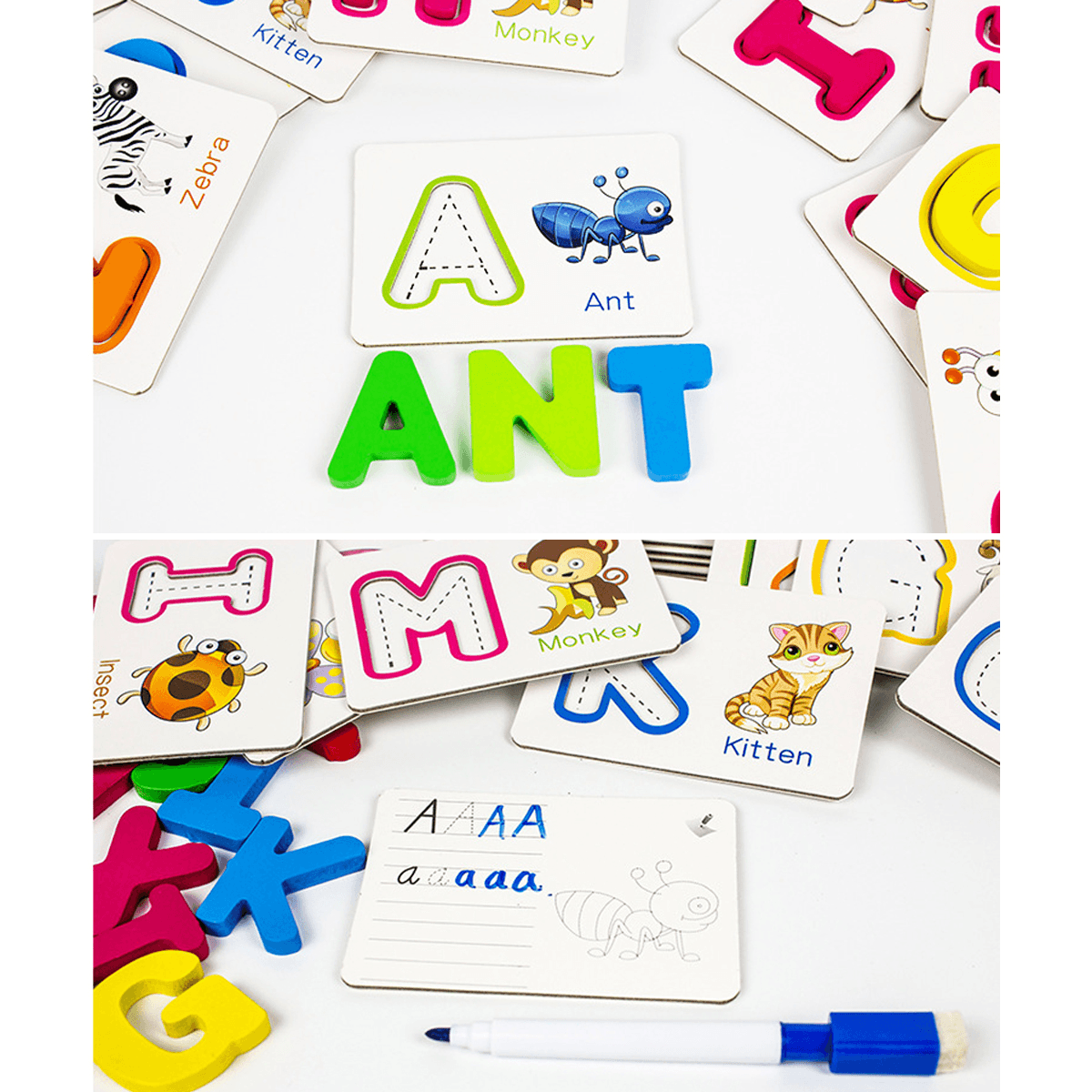 Puzzle Alphabet Rechtschreibung Englische Buchstaben Tierkarten Lernspielzeug für Kinder Geschenk