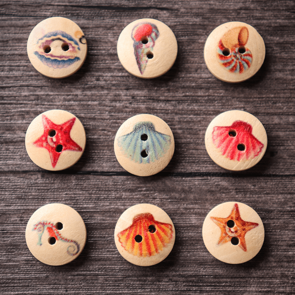 100 PCS Ocean round Pattern Wooden Button Mixed 2 Hole Natural Sewing Handmade Clothes Buttons