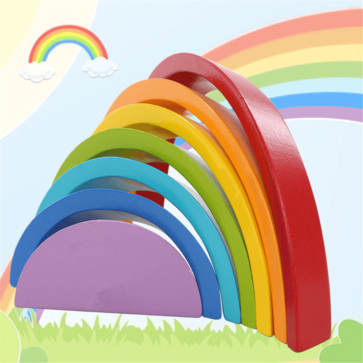 KINGSO Wooden Rainbow Toys 7Pcs Rainbow Stacker Educational Learning Toy Puzzles Colorful Building Blocks for Kids Baby Toddlers