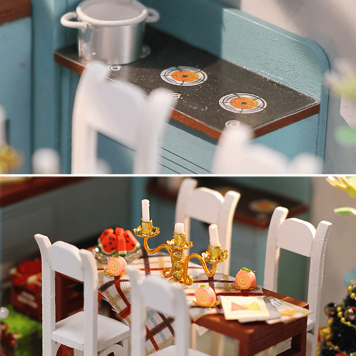 Wooden Dining Room DIY Handmade Assemble Doll House Miniature Furniture Kit Education Toy with LED Light for Collection Birthday Gift