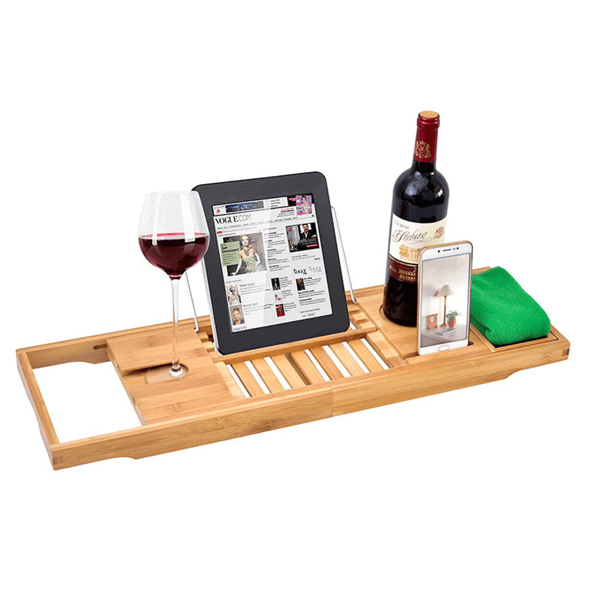 Luxury Bathroom Adjustable Bathtub Rack Bamboo Caddy Shelf Shower Tub Tray over Book Towel Wine Holder Support