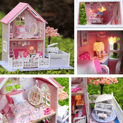 Cuteroom 1/24 DIY Wooden Dollhouse Pink Cherry Handmade Decorations Model with LED Light&Music Birthday