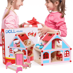 Wooden Delicate Dollhouse with All Furniture Miniature Toys for Kids Children Pretend Play