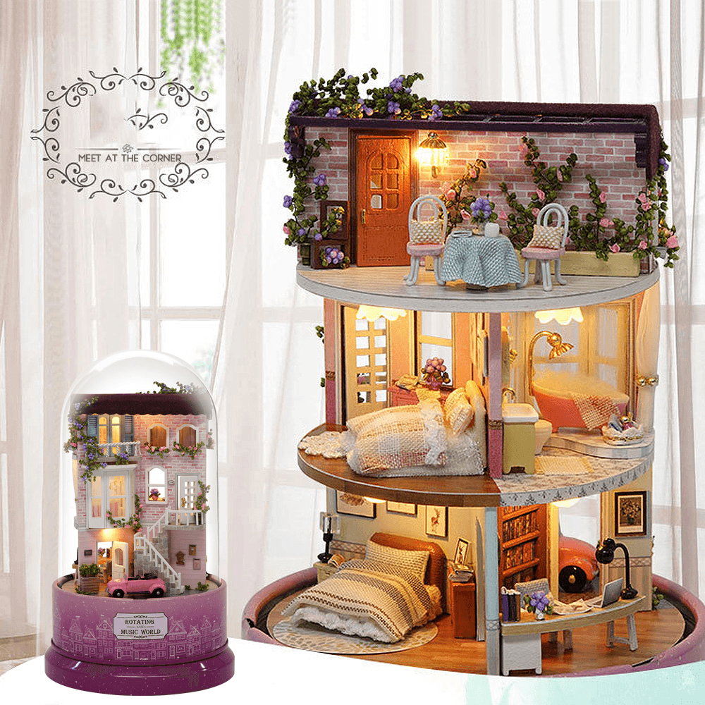 Beautiful Cabins DIY Doll House Miniature Rotating Music Kit with Transparent Cover Musical Core Gift(Meet at the Corner/Snowy Wonderland/Garden Diary/Dream of Sky/Forest Whim)