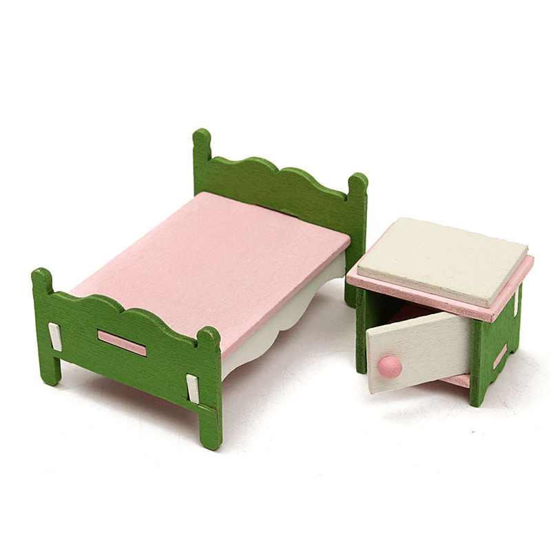 Dollhouse Miniature Bedroom Kit Wooden Furniture Set Families Role Play Toy