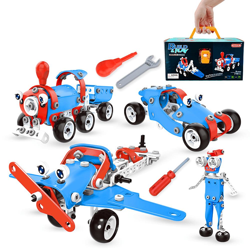 142Pcs 6 in 1 Multi-Shape DIY Assemble Engineering Plane Car Robot Building Construction Blocks Model Educational Toy Kit for Kids Gift