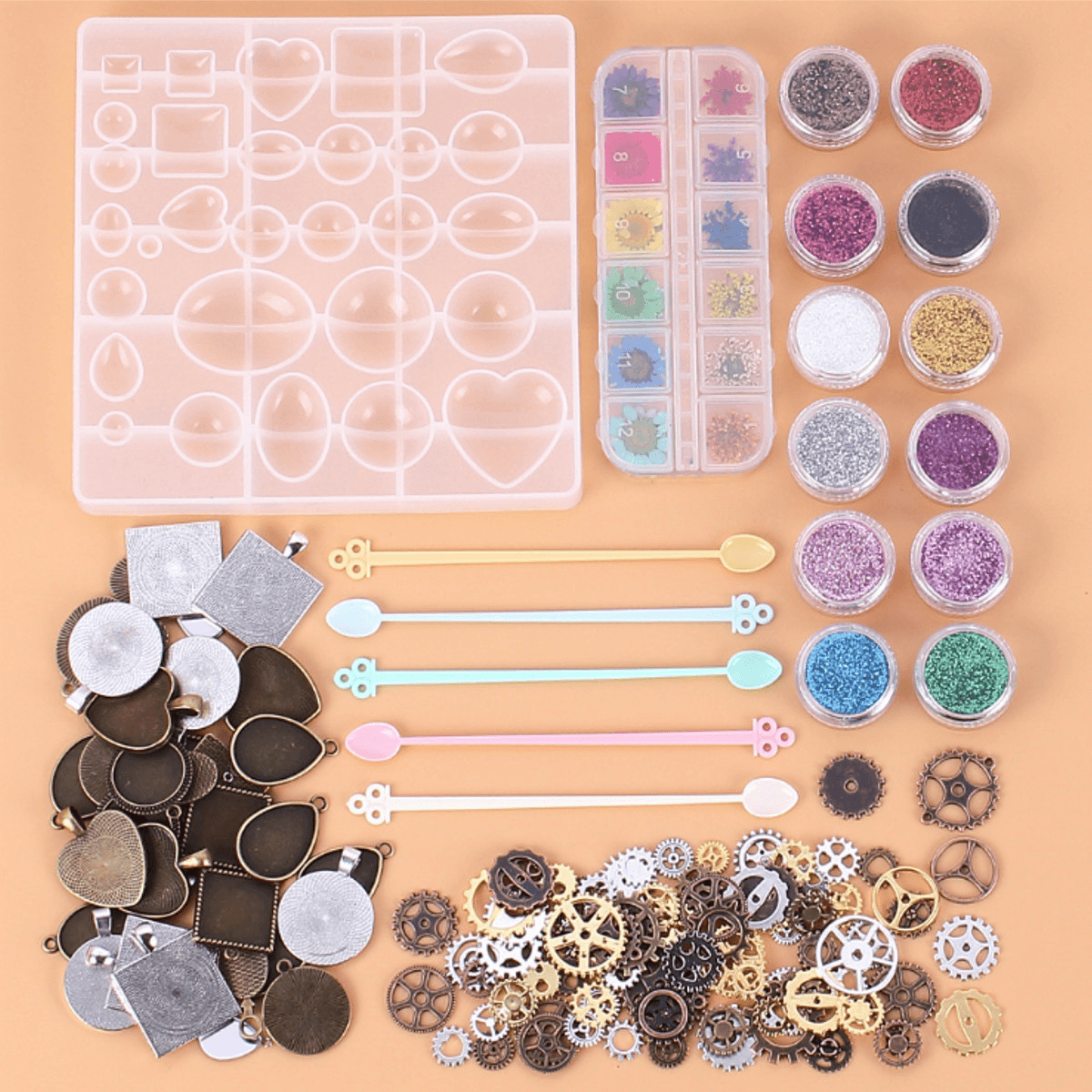 45Pcs/Set Pendant Trays Set DIY Jewelry Bezel Making Crystal Bracelet Pendant Silicone Resin Mould Jewelry Casting Molds Kit Vintage Base