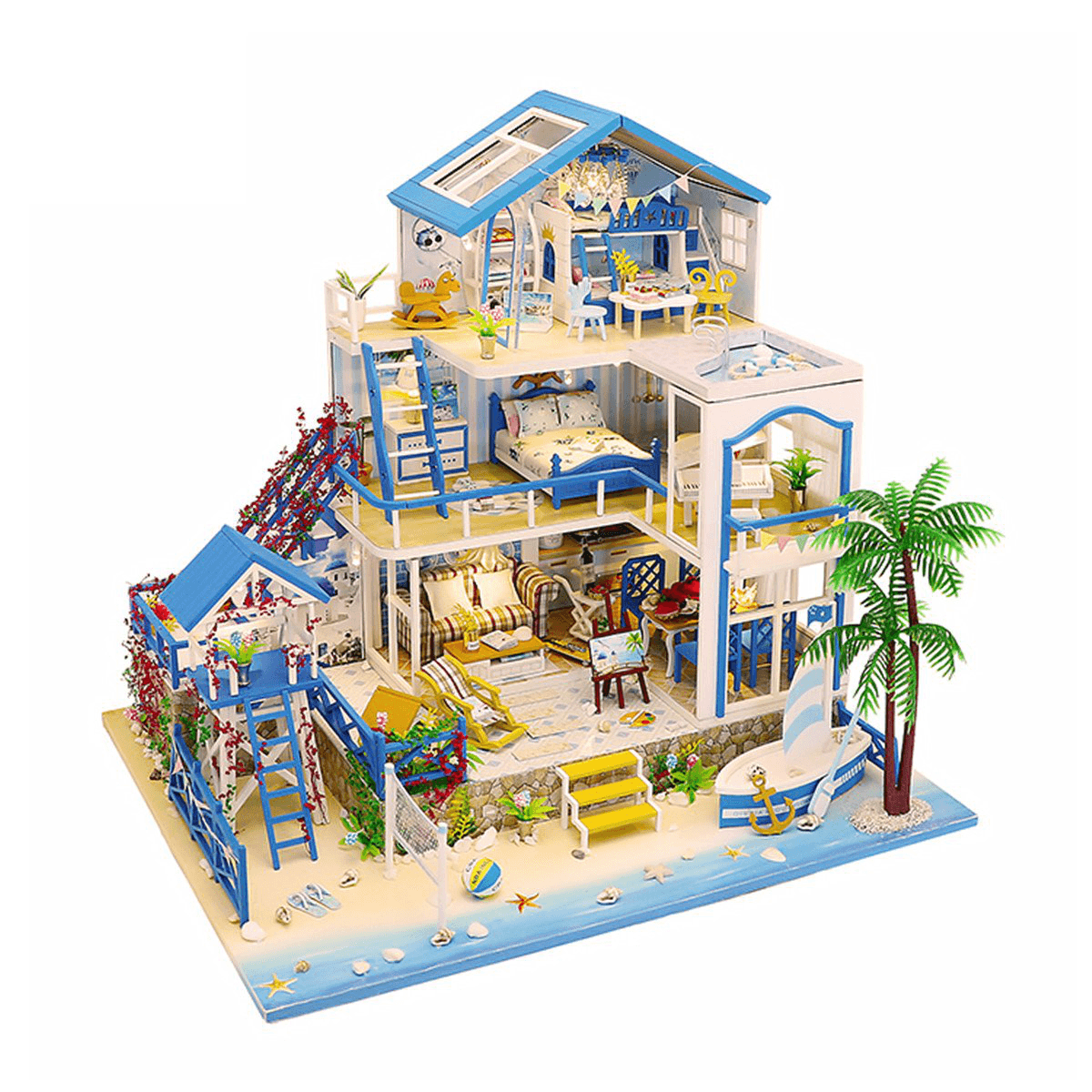 Wooden DIY Beach Villa Doll House Miniature Kit Handmade Assemble Toy with LED Light for Birthday Gift Collection Home Decor