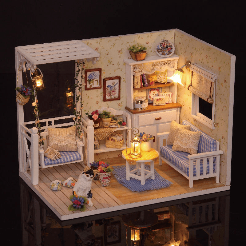 Cuteroom 1/24 Dollhouse Miniature DIY Kit with LED Light Cover Wood Toy Doll House Room Kitten Diary H-013