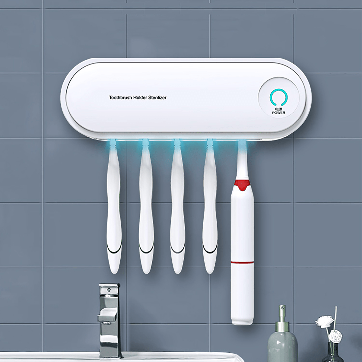 2-in-1 UV-Zahnbürsten-Sterilisator-Halter, Wandmontage, 5 Zahnbürstenhalter und Trocknungsfunktion, automatischer antibakterieller Reiniger