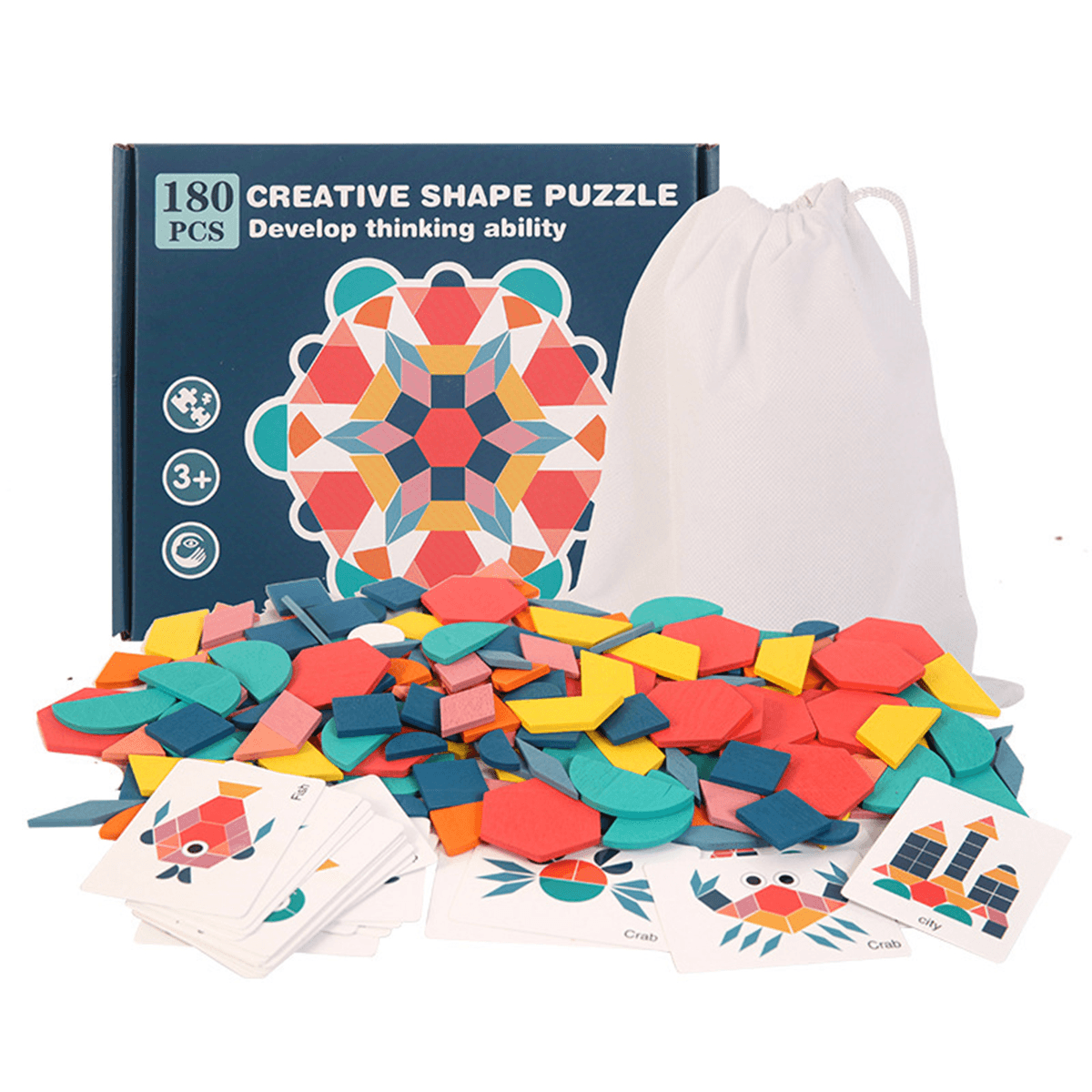 180 Stück buntes kreatives Multi-Form-Puzzle zur Entwicklung der Denkfähigkeit, Lernspielzeug mit Tasche als Geschenk für Kinder