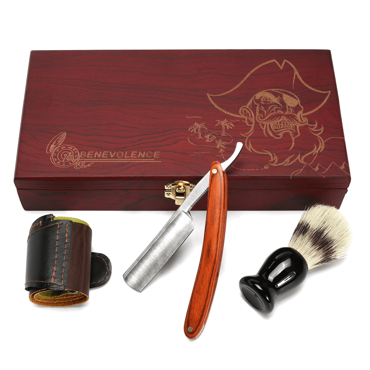 4Pcs Shaver Kit Cut Throat Straight Razor Shaving Brush Strop Wooden Box Gift Set