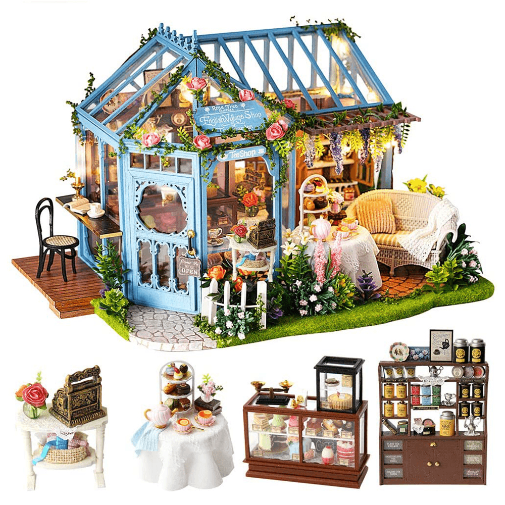 Niedliches Zimmer, Rosengarten, Teehaus, DIY, handgefertigter Puppenhaus-Bausatz, Miniatur-Möbel-Set mit Musik und LED-Effekt, Spielzeug für Kinder, Geburtstag, Weihnachten, Geschenk, Hausdekoration