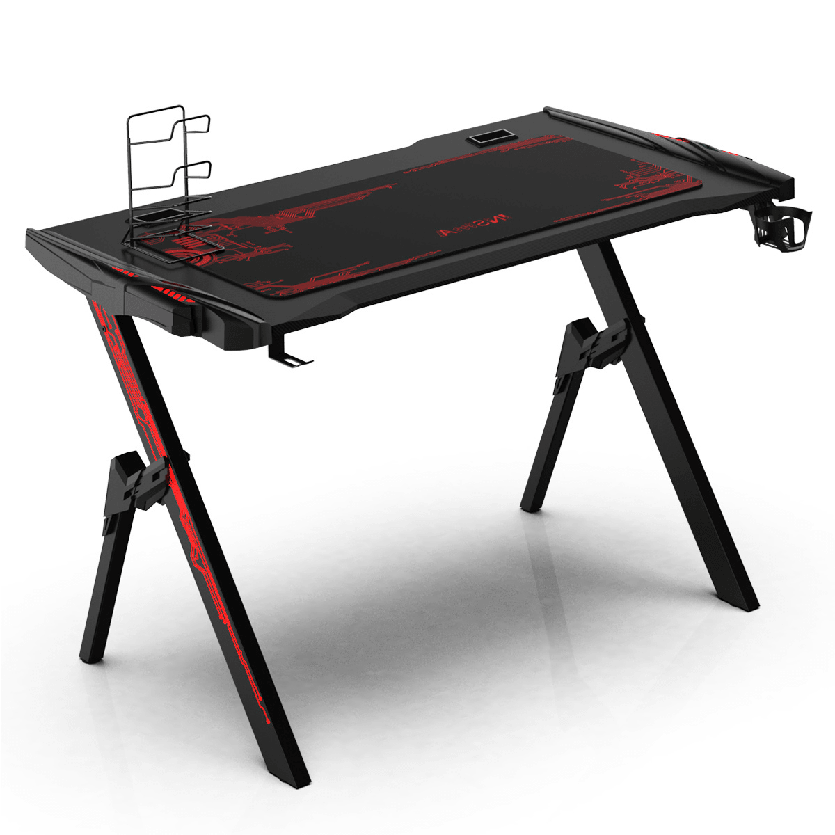 47.2" Gaming Computer Desk Black Gamer Table with Audio Sensor RGB LED Lights Cup Holder Headphone Hook for Home Office