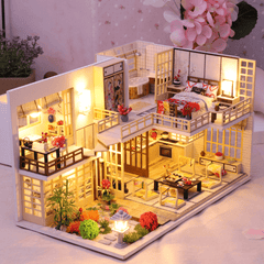 Wooden Crafts DIY Handmade Assembly 3D Doll House Miniature Furniture Kit with LED Light Toy for Kids Birthday Gift Home Decoration