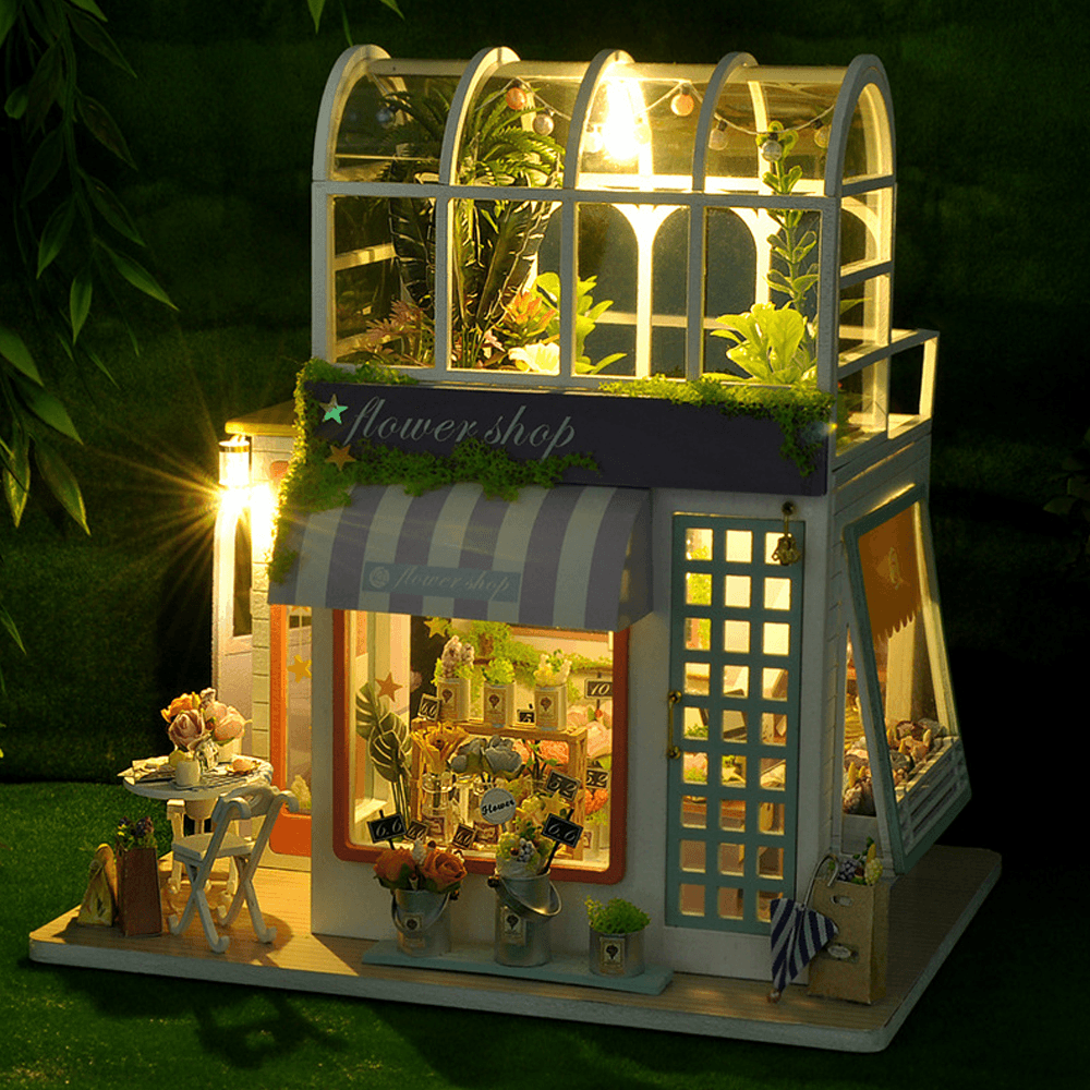 Flower Shop DIY Handmade Assemble Doll House Kit Miniature Furniture Kit with LED Lights for for Gift Collection House Decoration