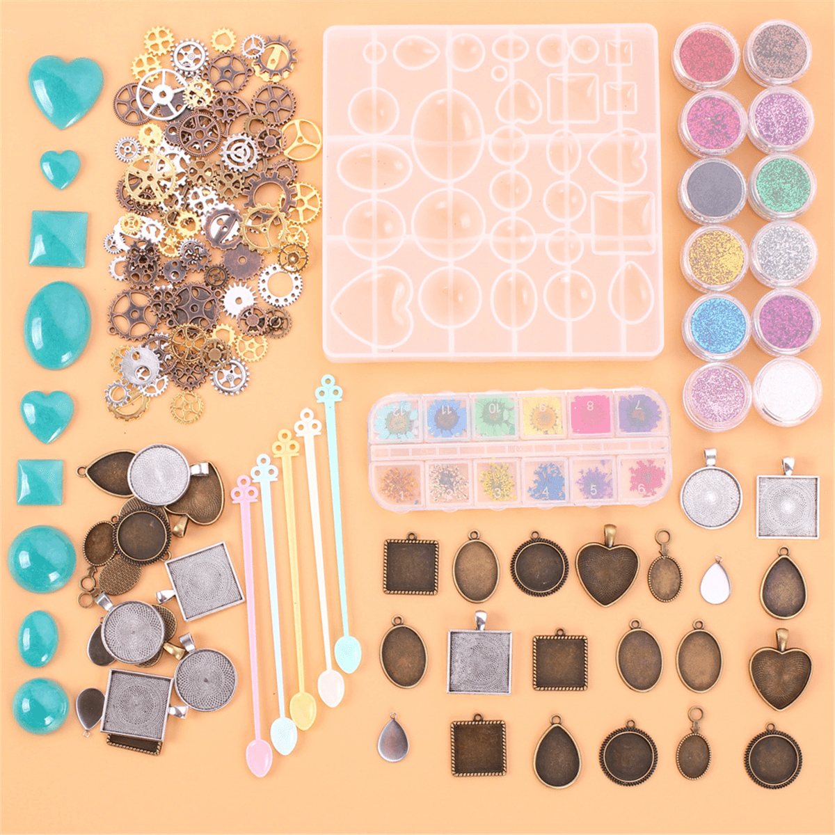 45Pcs/Set Pendant Trays Set DIY Jewelry Bezel Making Crystal Bracelet Pendant Silicone Resin Mould Jewelry Casting Molds Kit Vintage Base