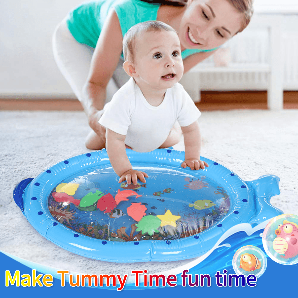 Blue Sprinkler Play Mat with Cartoon Submarine Pattern for Kids Filling Fun Water Cushion Baby Toys Summer Play