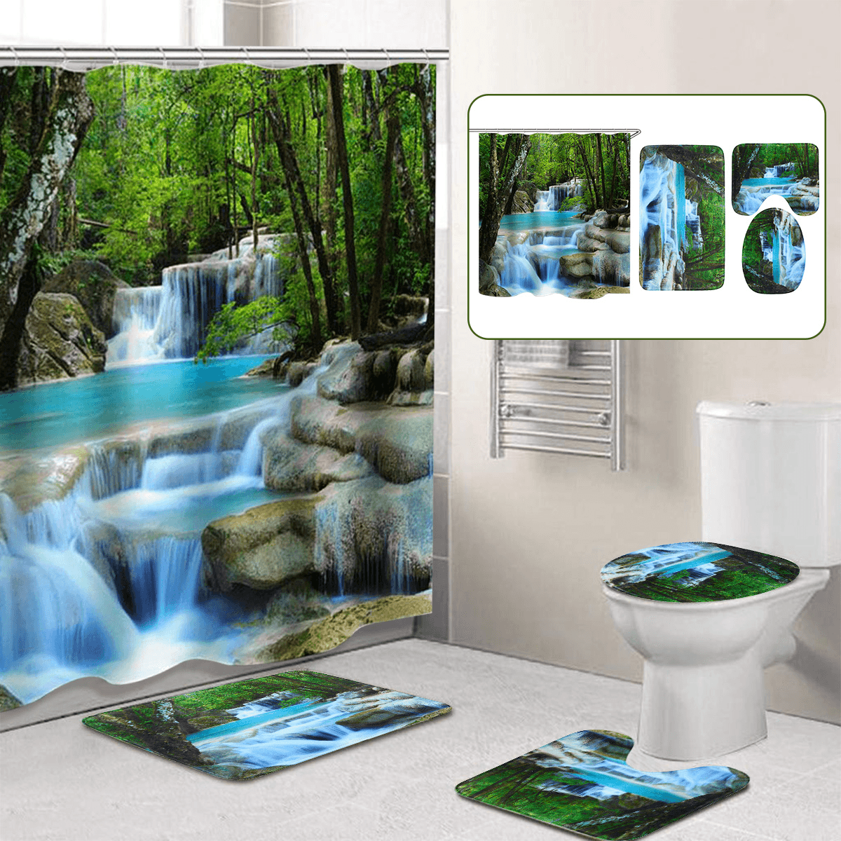 3D Bathroom Shower Curtain Waterfall Non-Slip Mat Set Lid Toilet Cover Rug Bath