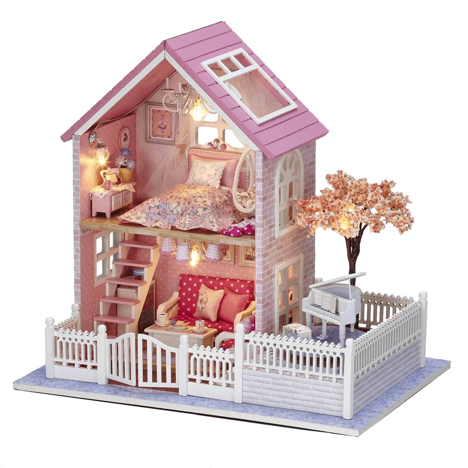 Cuteroom 1/24 DIY Wooden Dollhouse Pink Cherry Handmade Decorations Model with LED Light&Music Birthday