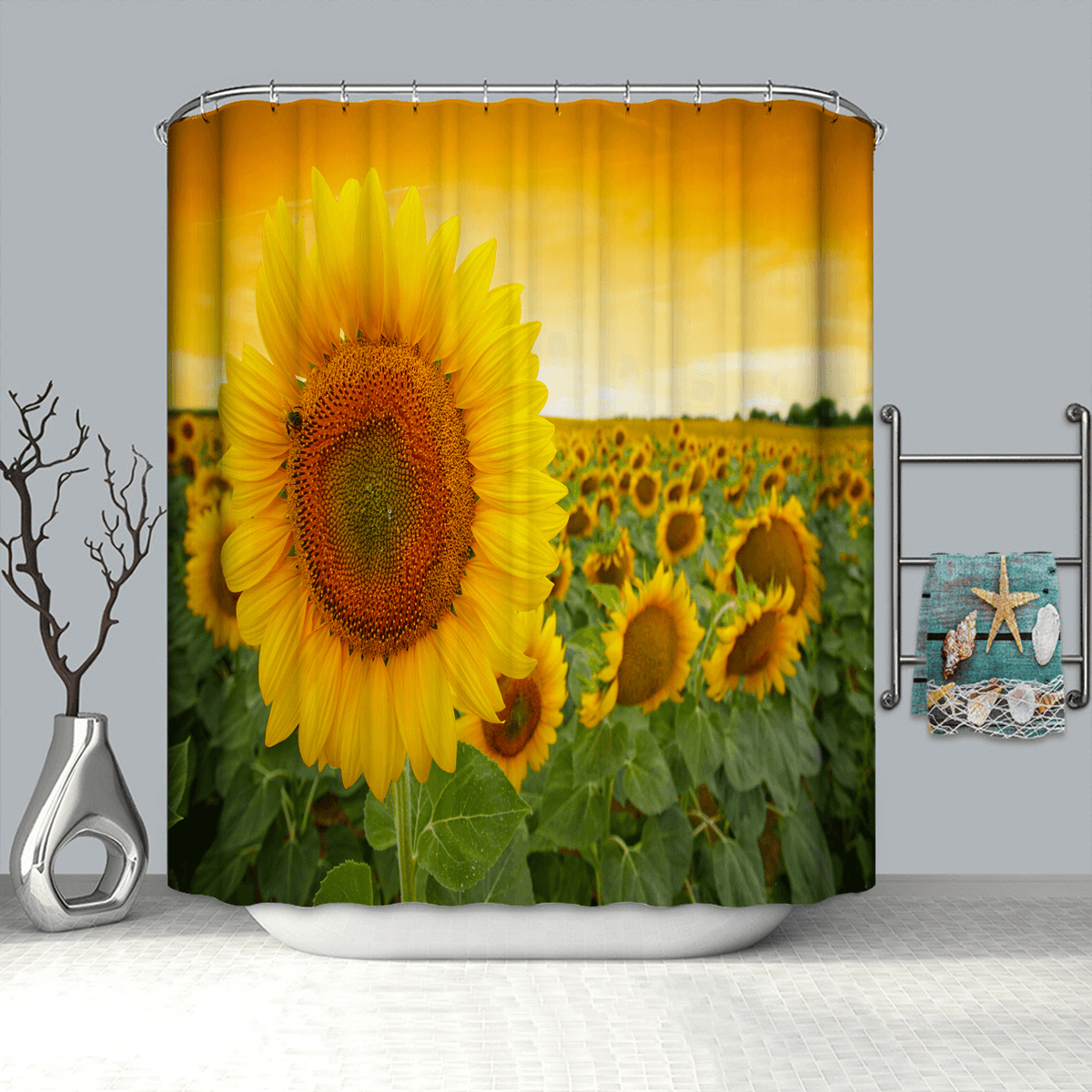 180 x 180 cm, Sonnenblumenmuster, Polyesterdruck, wasserdichter, schimmeliger Duschvorhang