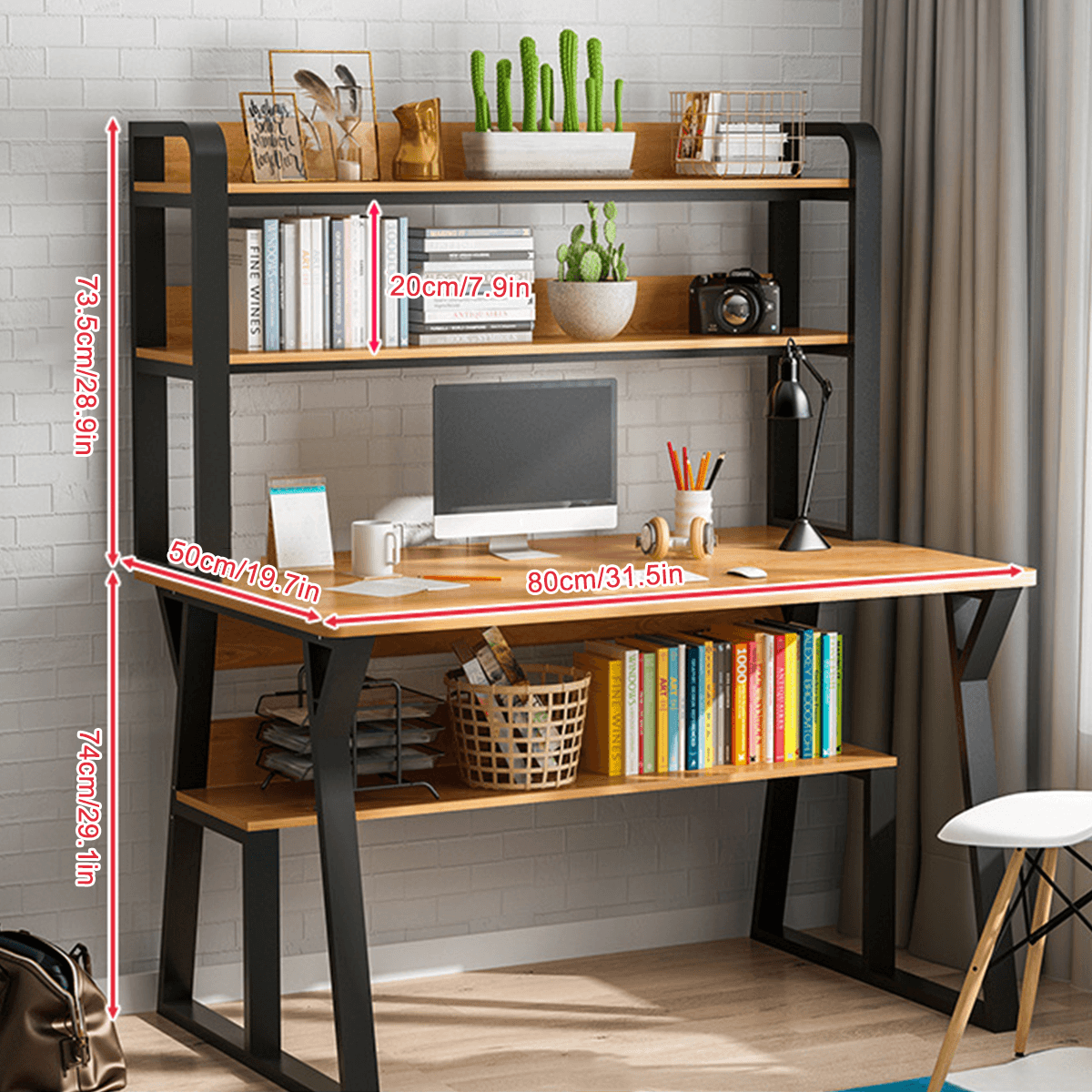 1/2 Tiers Computer Desk Bookshelf Modern Writing Study Desk with Storage Shelf Space Saving Desktop Organizer Workstation for Home Office