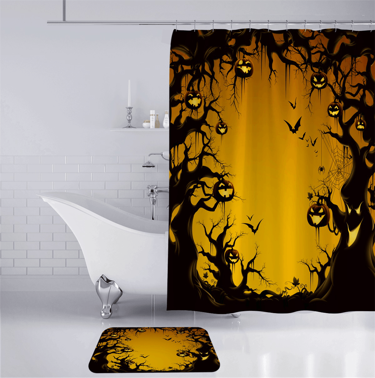 Halloween-Serie, dekoratives Spielzeug, Badezimmer-Toilettenbezug + rutschfester WC-Vorleger + Badematte / wasserdichter Duschvorhang im Halloween-Stil