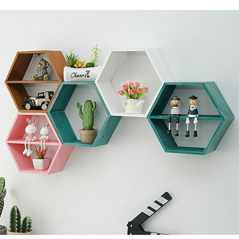 Hexagon Wall Mounted Shelf Rack Decorative Frame Wall Punch-Free Bookshelf Decorations Display Stand Organizer for Office Home Living Room Bathroom