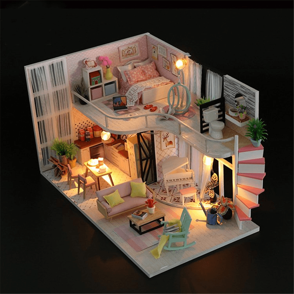 Hoomeda Handmake DIY Wood Dollhouse Miniature Doll House with Dust Cover