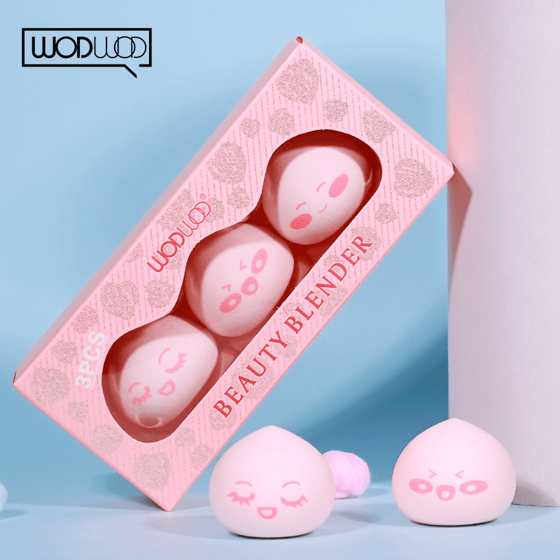 3PCS/SET Makeup Puff Sponge by WODWOD Pink Color Peach Shape with Smile Printing Wet Dry Use Maekup Water Drop Sponge