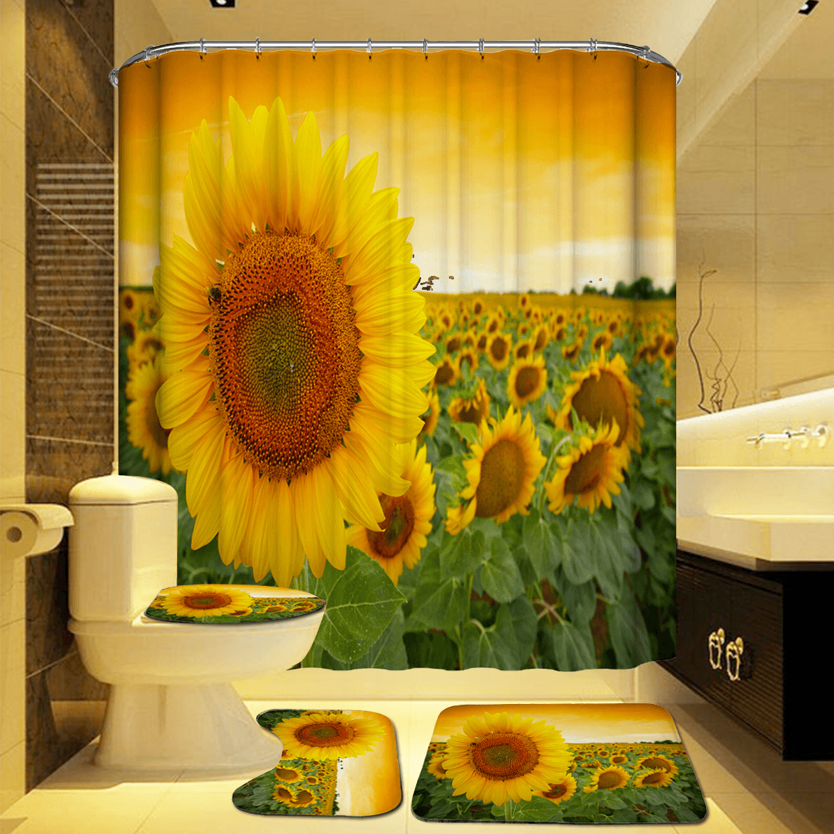 180 x 180 cm, Sonnenblumenmuster, Polyesterdruck, wasserdichter, schimmeliger Duschvorhang