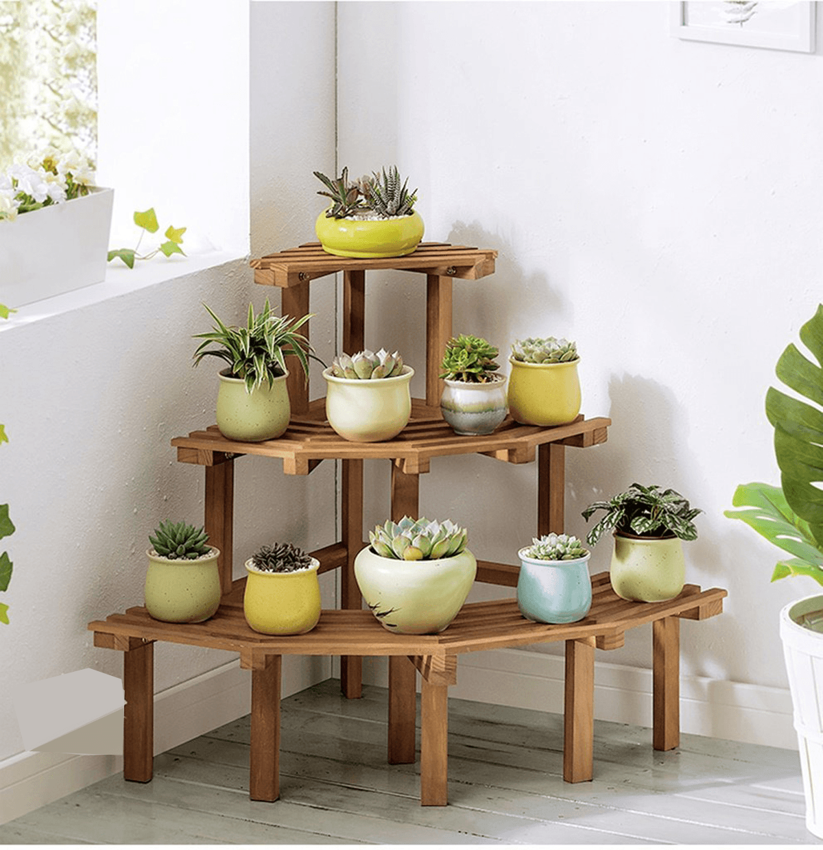 3/4 Tiers Wooden Corner Flower Shelf Indoor Outdoor Plant Stand Pot Rack Garden Office Home Decorations