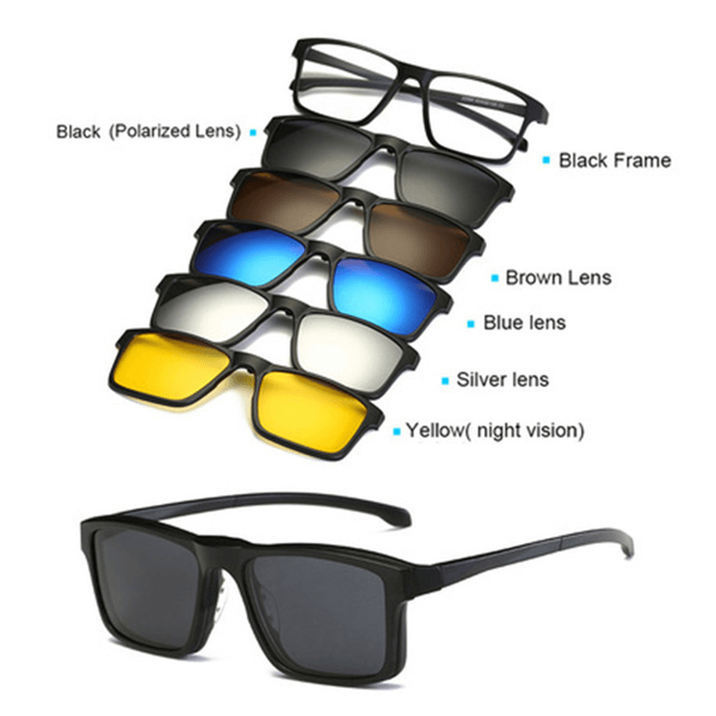 5 in 1 TR-90 Polarized Magnetic Glasses Clip on Magnetic Lens Sunglasses Uv-Proof Night Vision with Leather Bag