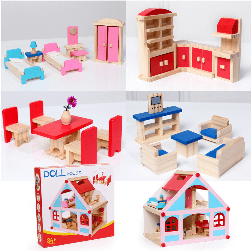 Wooden Delicate Dollhouse with All Furniture Miniature Toys for Kids Children Pretend Play