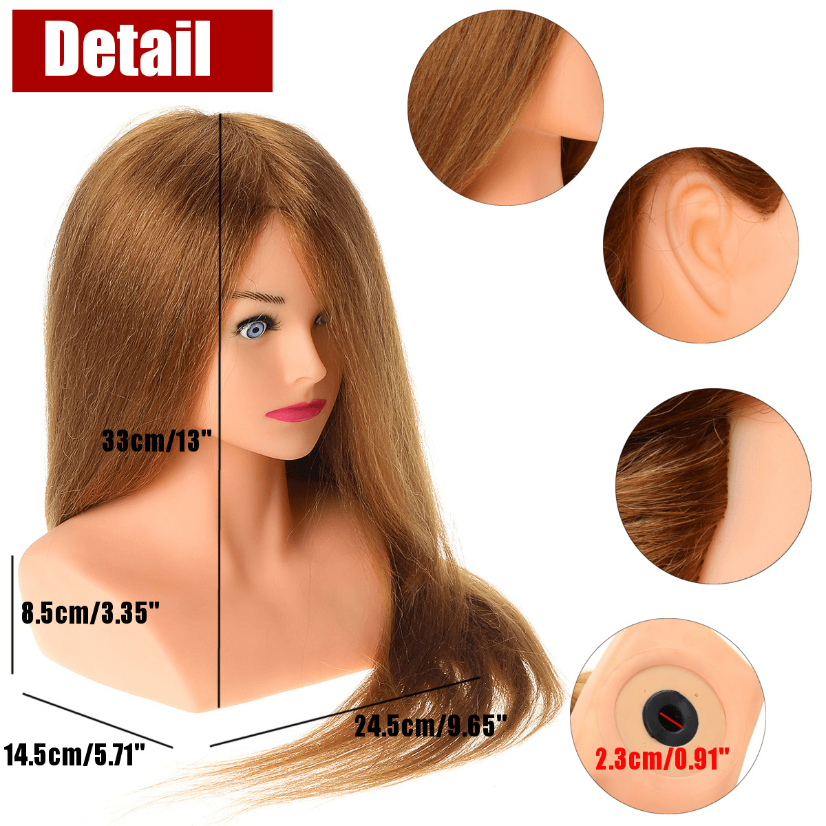 24" 100% Real Human Hair Mannequin Head Hairdressing Training Head Hair Extensions