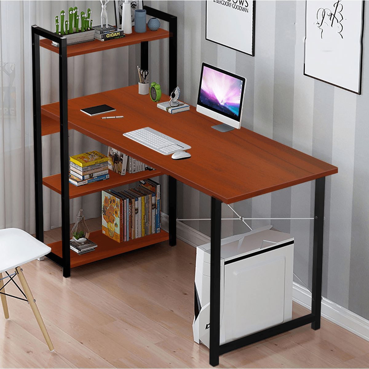 Computer Laptop Desk Writing Study Table Bookshelf Desktop Workstation with Storage Racks Home Office Furniture